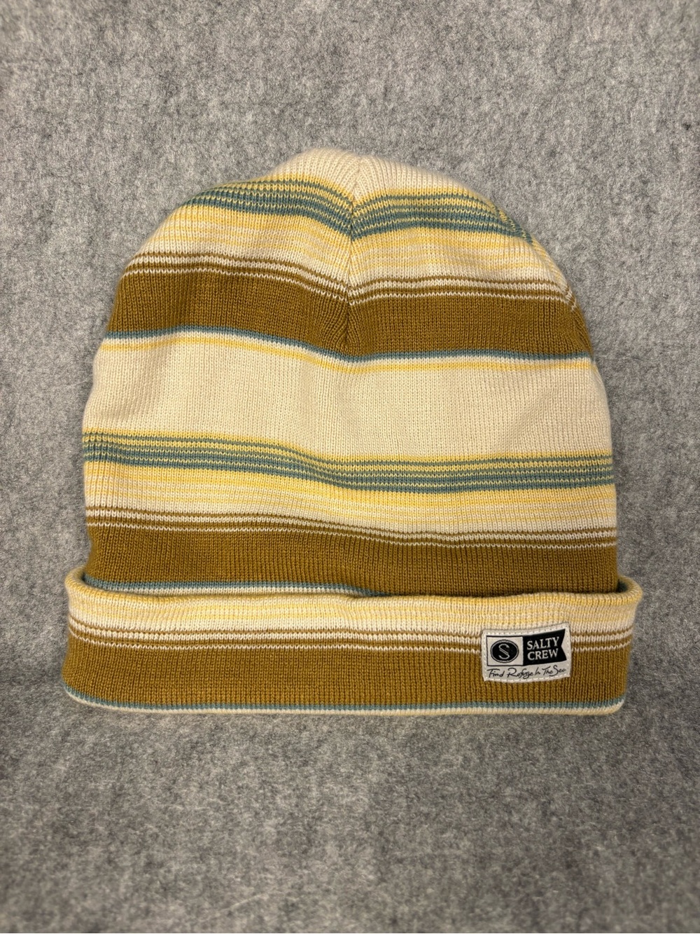 Salty Crew Striped Knit Cuff Beanie Cream Mustard Teal